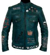 Slim Fit Punk Jacket – Green Leather with Jersey Devil & Beast of Gévaudan Patches, Custom Gothic Moto Style
